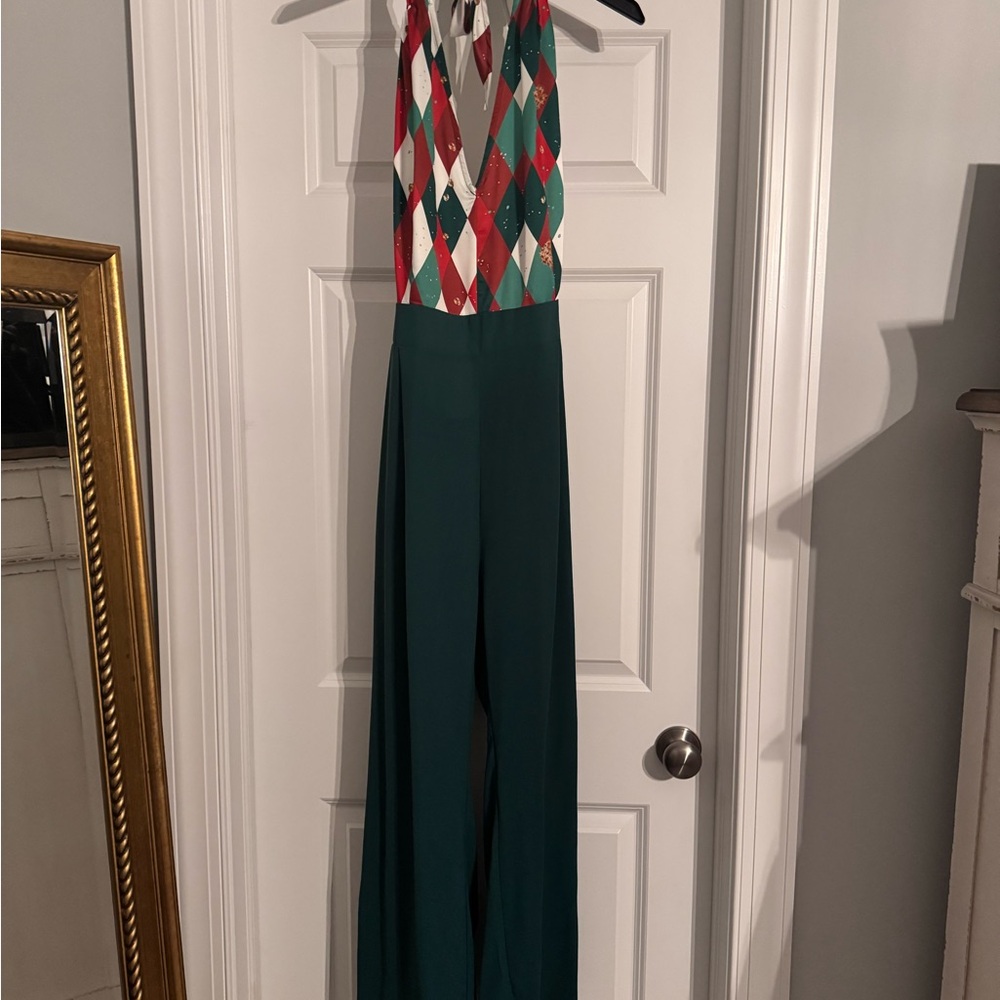 Elegant Green and Multicolor Jumpsuit holiday Christmas party outfit